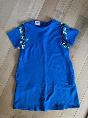 Blue Sequin Trim Short Sleeve Dress